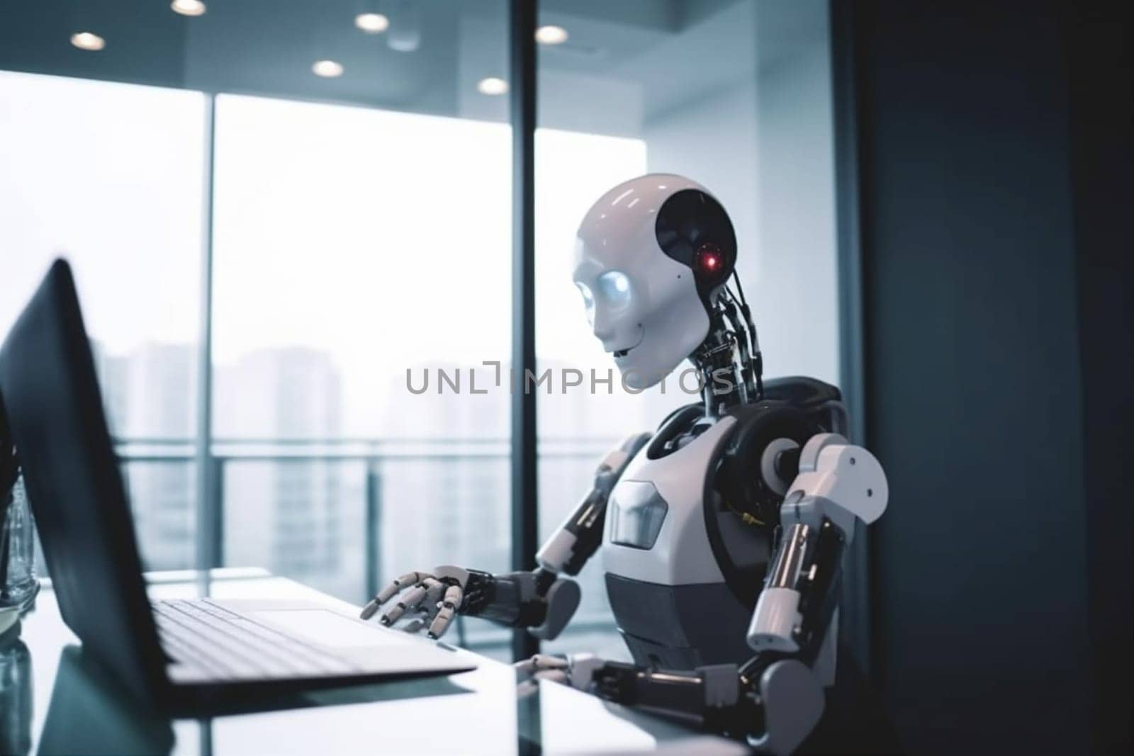 laptop hand office technology artificial robot ai paper digital document. Generative AI. by SHOTPRIME