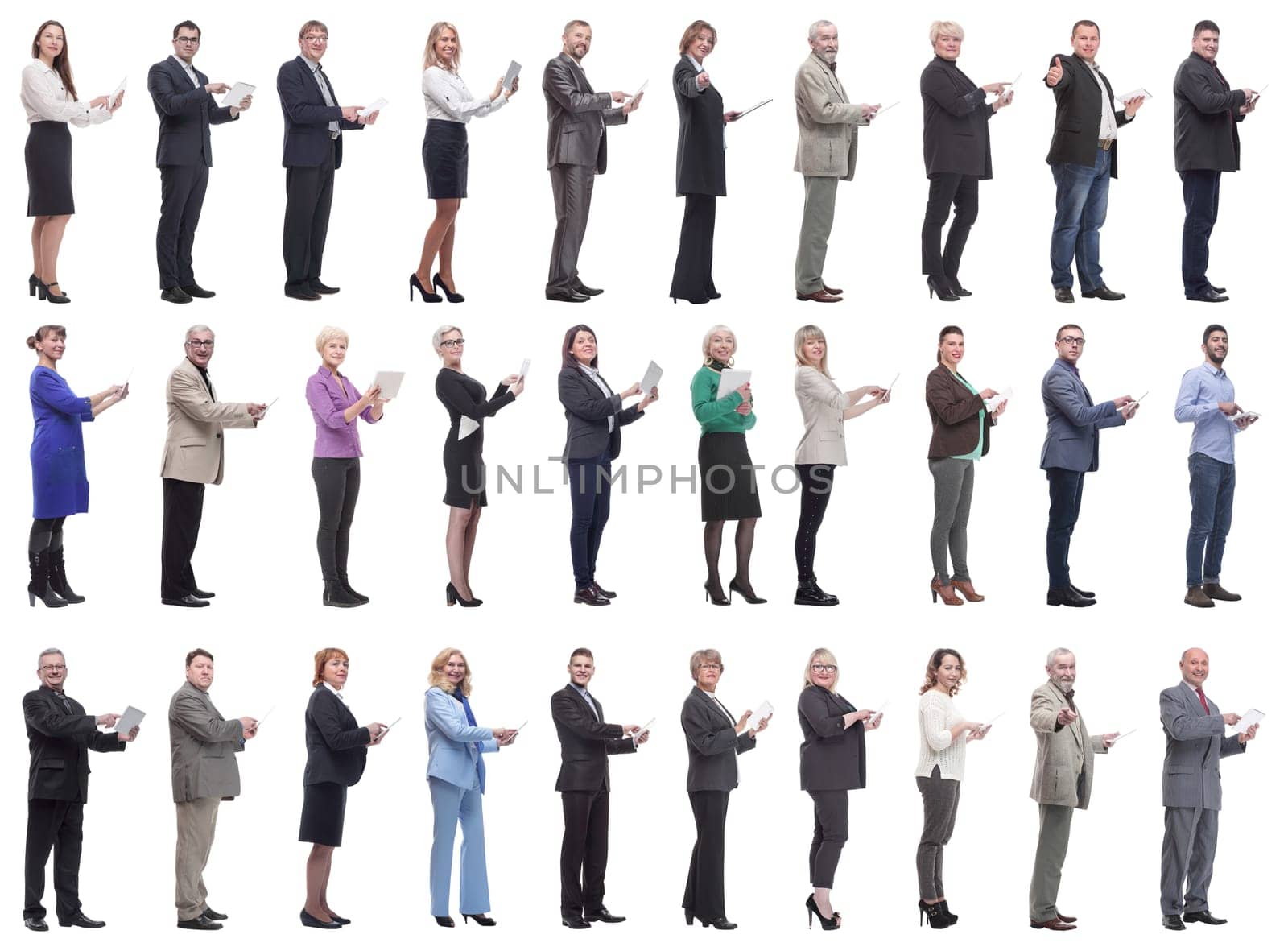 group of people demonstrating tablet looking at camera isolated on white background