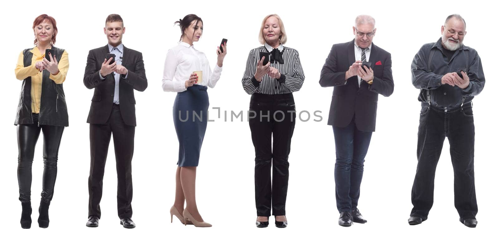 a group of people hold a phone in their hand and look into the phone isolated on a white background