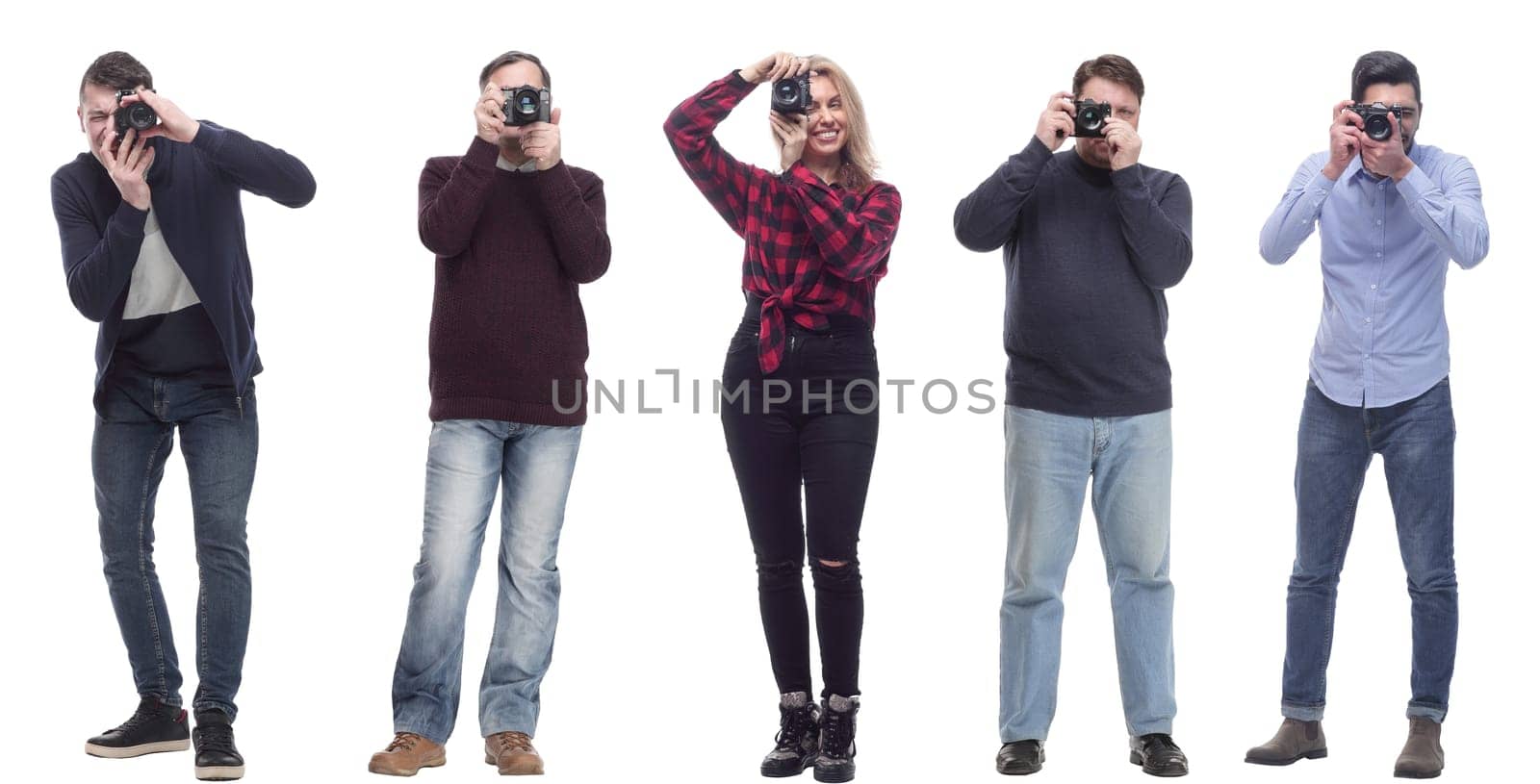 Many Double Twelve Group paparazzi photographers with cameras isolated on white collage