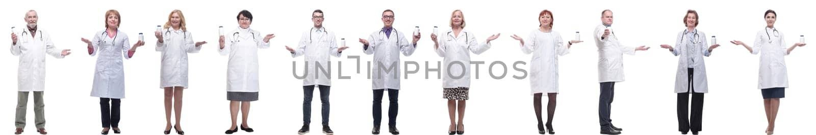 group of doctors holding jar isolated on white background