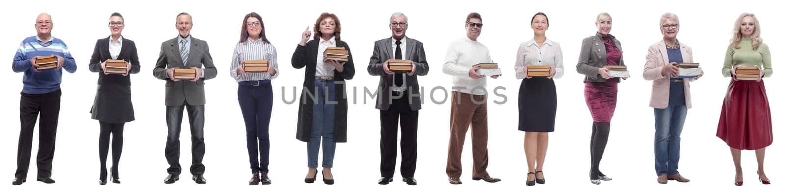 group of people holding books in hands isolated on white background