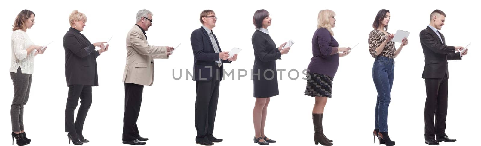 group of people holding tablet and looking ahead isolated on white background
