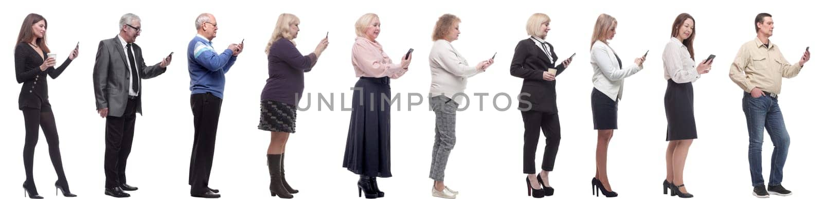 group of people profile holding phone in hand isolated on white background