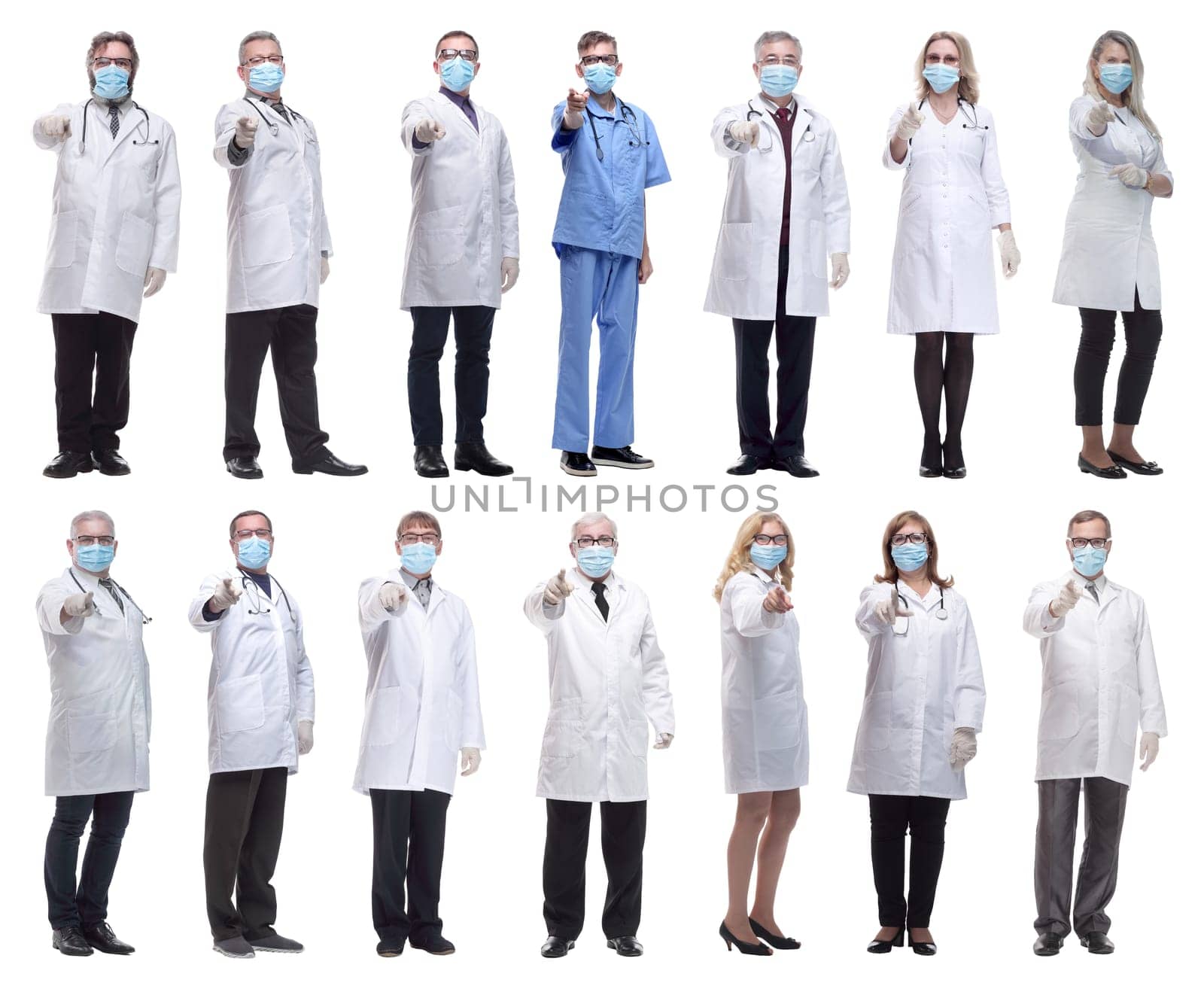 group of doctors in mask isolated on white background