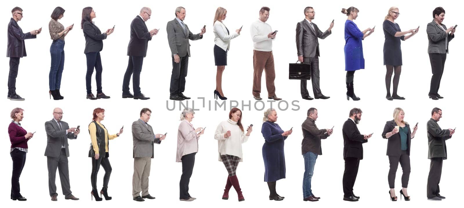 group of people profile holding phone in hand isolated by asdf