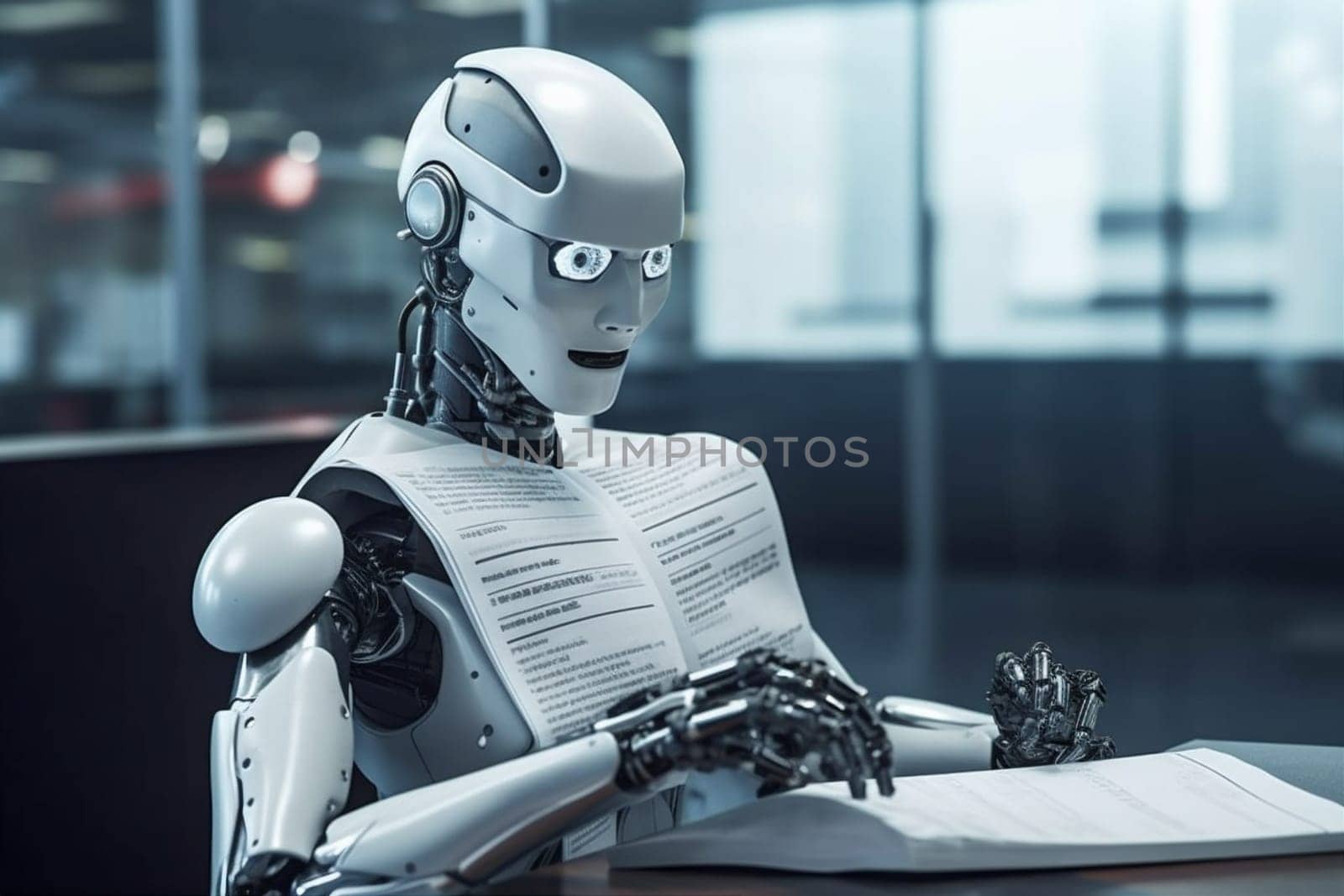 man mechanical hand cyborg robot technology online signing office finance document ai artificial digital paper write part tech laptop modern. Generative AI.