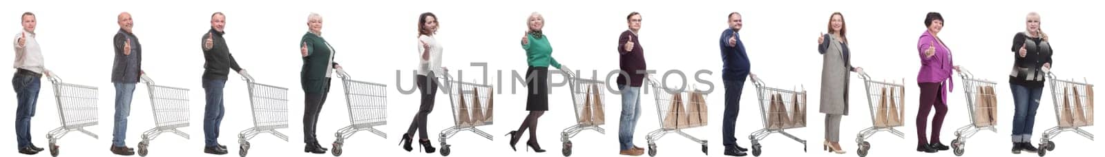 a group of people in profile with a basket showing thumbs up on a white background