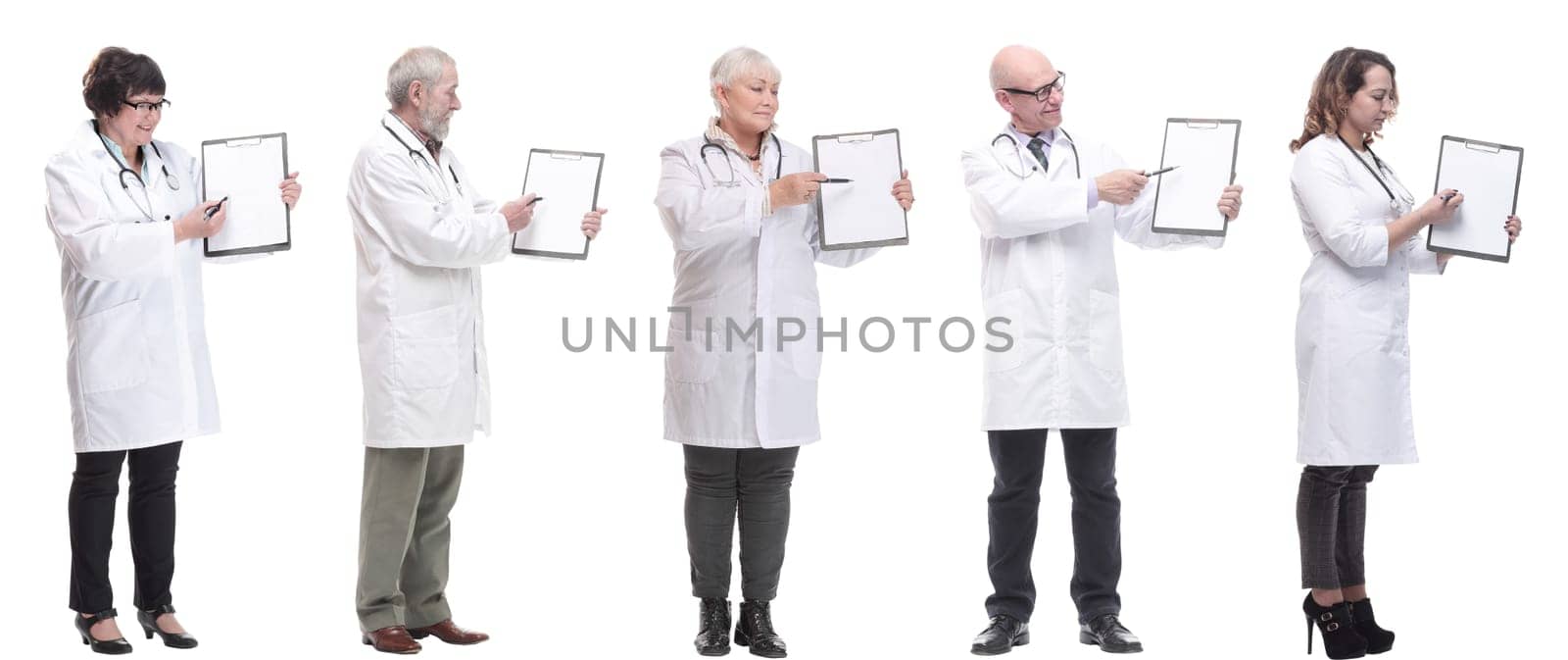 full length group of doctors with notepad isolated by asdf