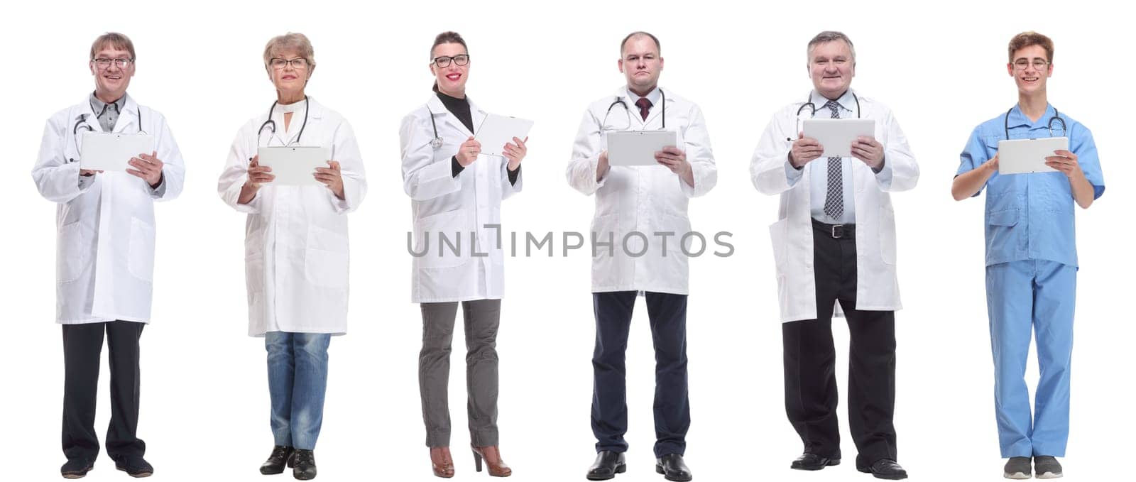 group of doctors with clipboard isolated on white by asdf