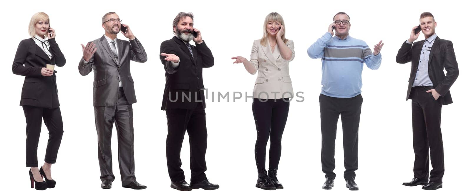 group of people holding phone in hand isolated on white background