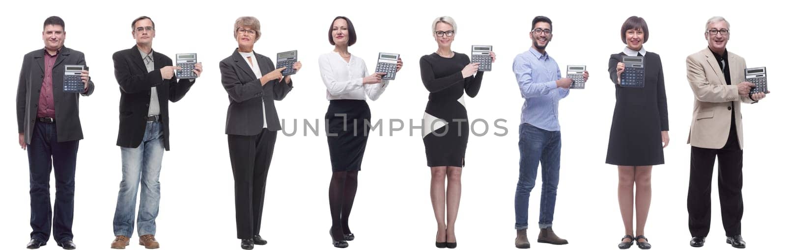 collage of people demonstrate calculator in hand isolated on white background