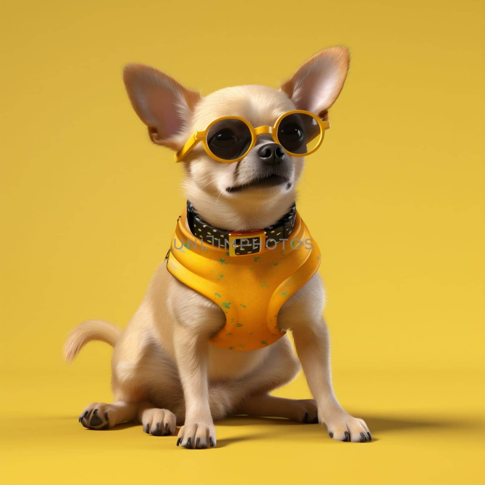 dog purebred isolated cute pet background pedigree canine animal yellow doggy portrait funny glasses chihuahua puppy collar clever concept little young. Generative AI.