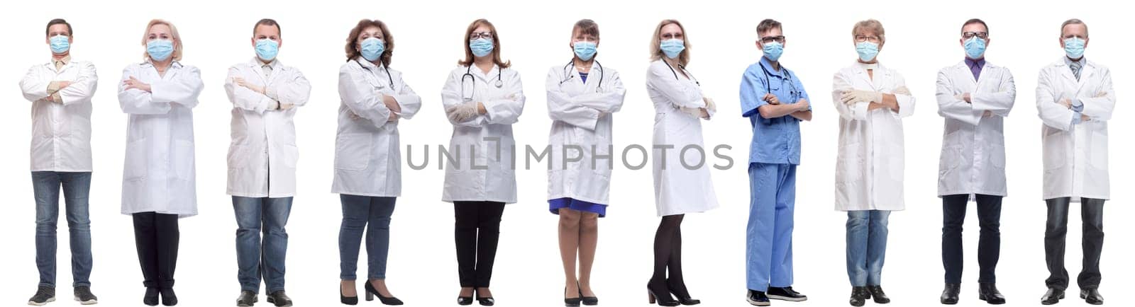 group of doctors in mask isolated on white by asdf
