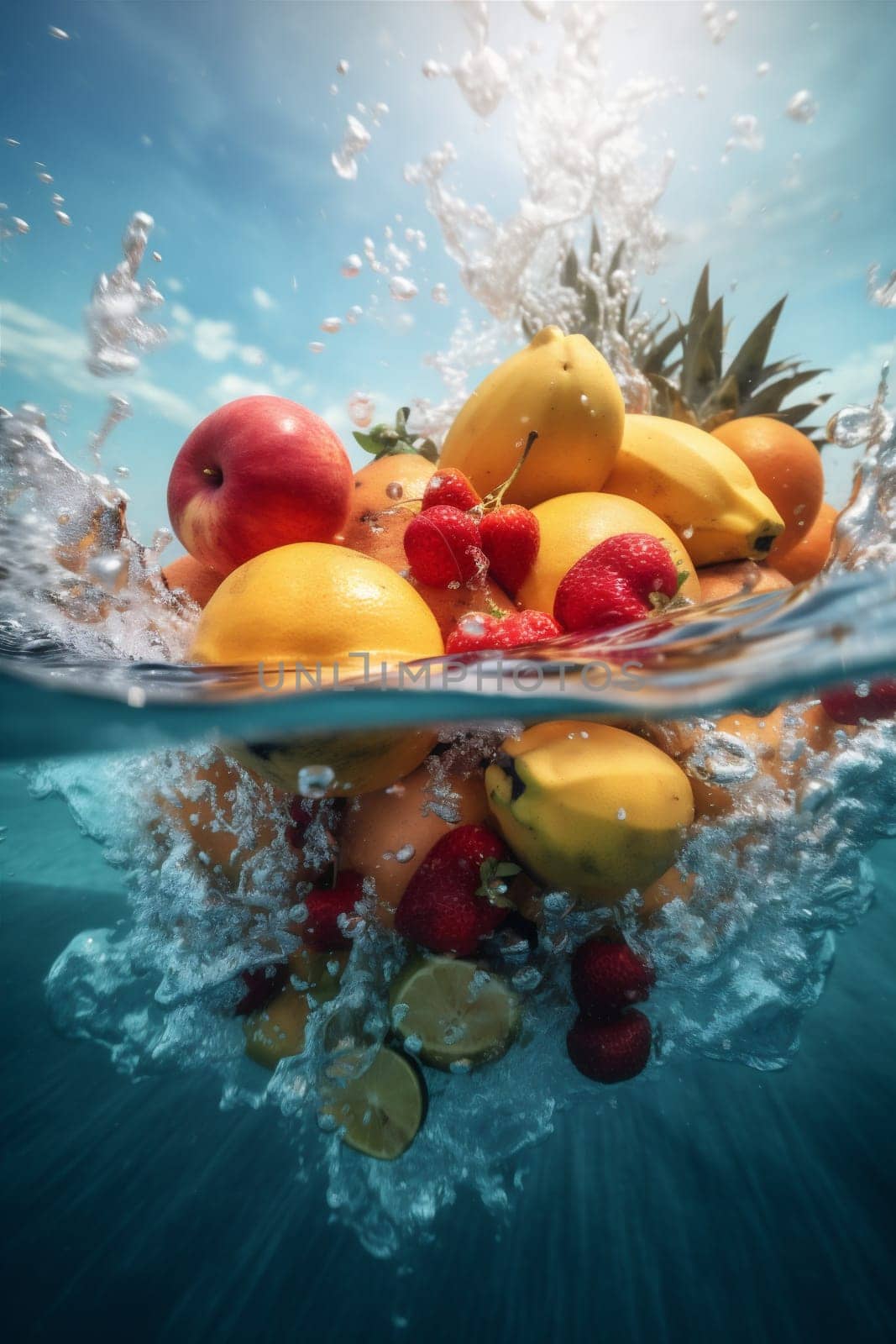 drop fresh water healthy green vitamin strawberry grape background fruit food. Generative AI. by SHOTPRIME