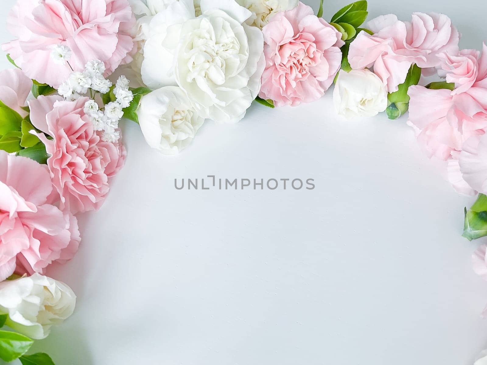 Close up photo of a bouquet of pink and white carnations isolated on a white background. With empty space for text or inscription. For postcard, advertisement or website.