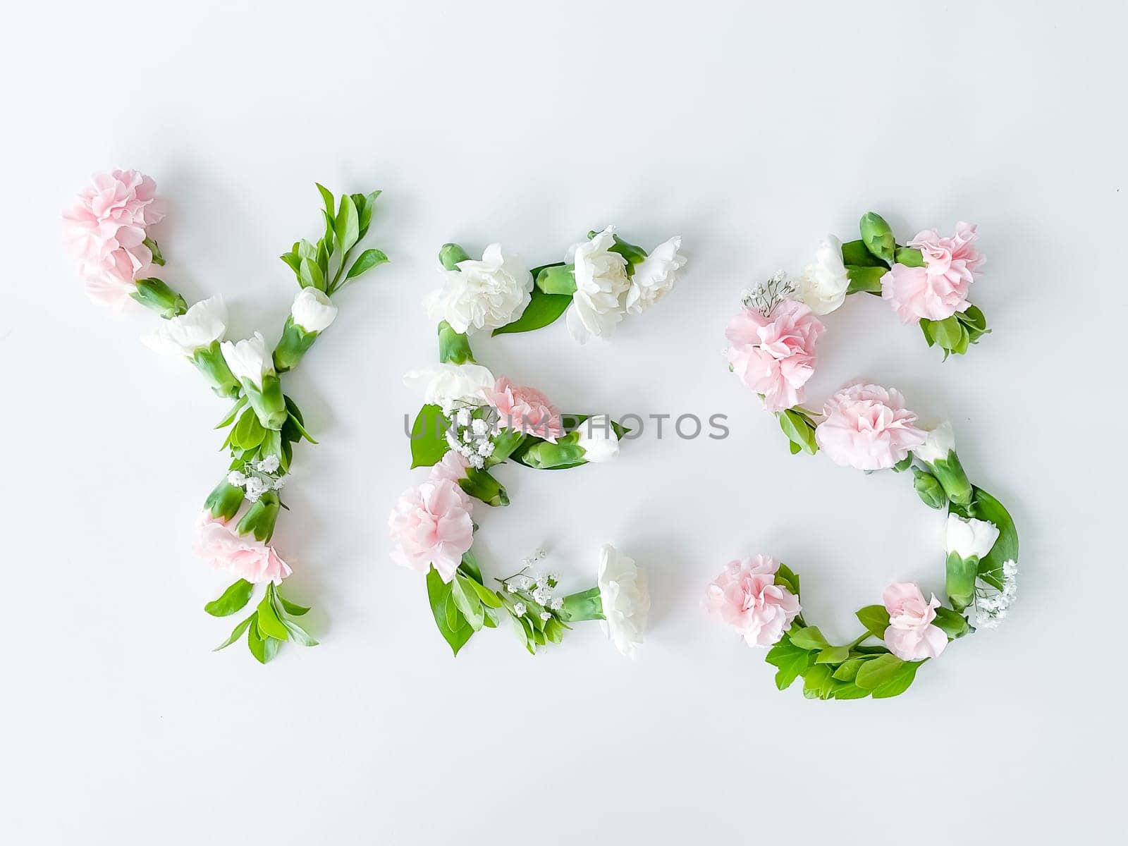 The word YES from flowers on a white background. Spring concept. flat lay
