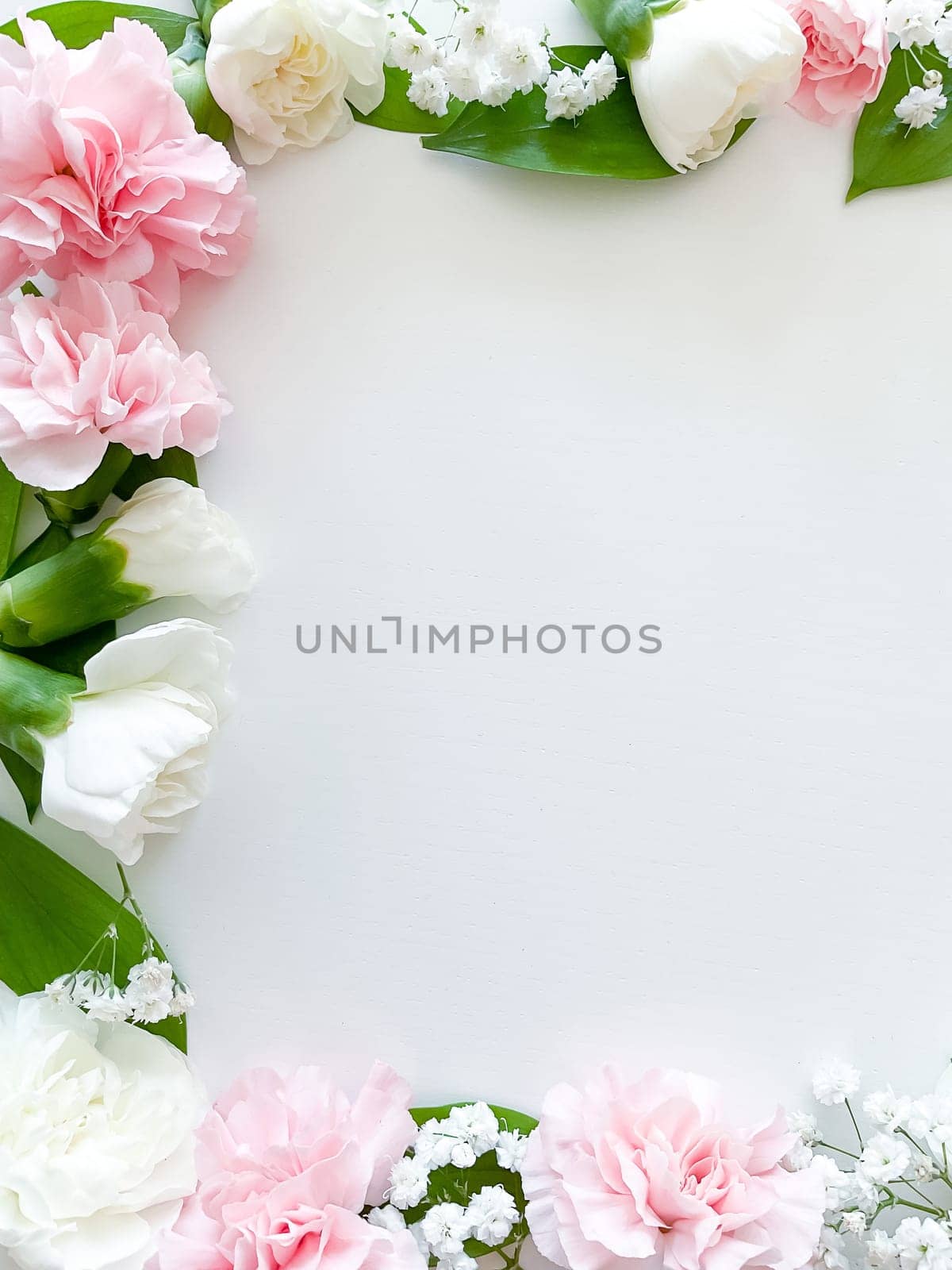 Pink floral. assorted pink flowers border on white background. with empty space for inscription or text