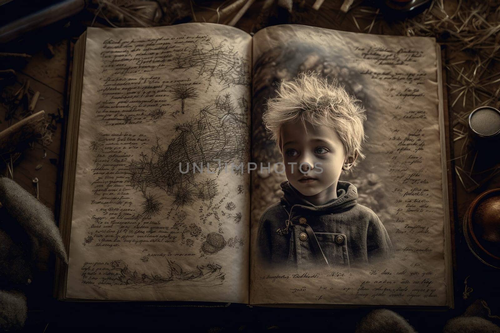 The Little Prince. Antoine Marie Roger de Saint Exupery. A timeless classic, a book, a story, for children and adults. Creative reproduction, young man, hero pilot.