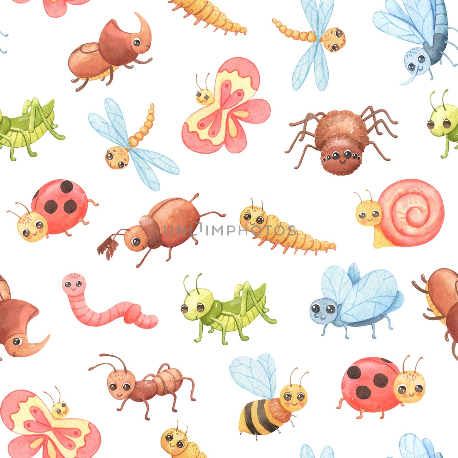 Seamless watercolor pattern with Cartoon insects. Cute butterfly, grasshopper and spider.