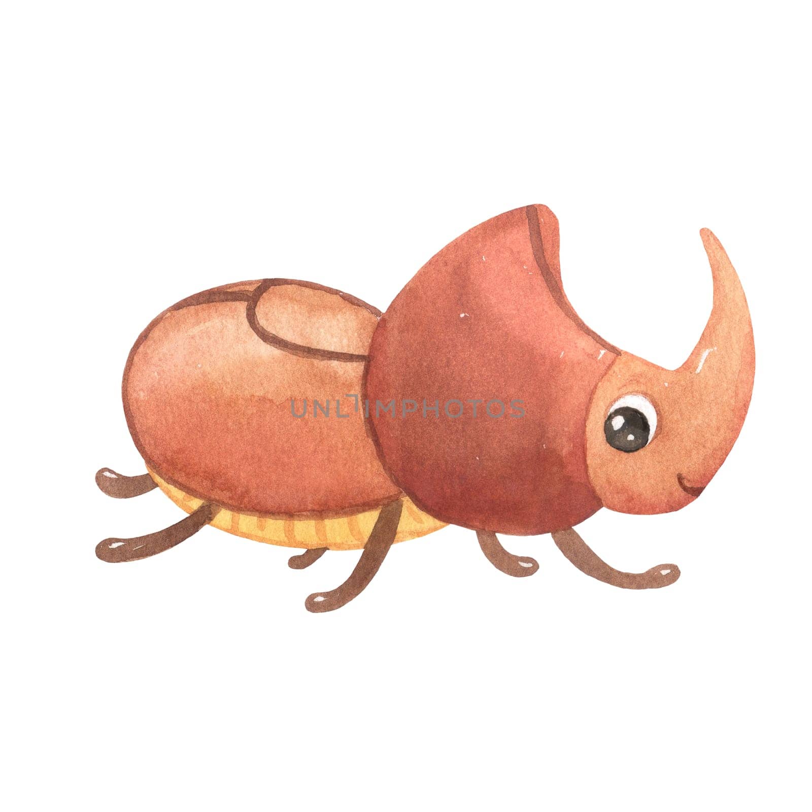 Cute smiling rhinoceros beetle isolated on white. Funny insect for children. Watercolor cartoon illustration by ElenaPlatova