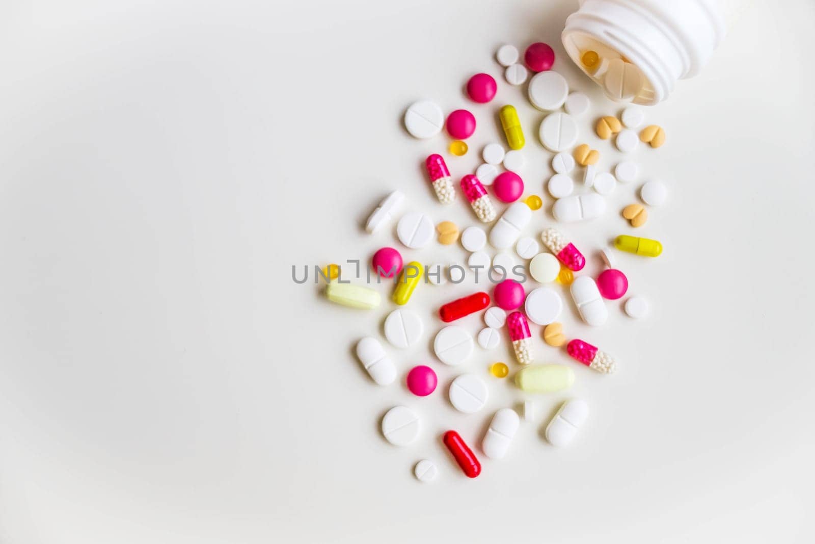 medical capsules. Pharmaceutical medicament. Antibiotic painkiller or narcotic.Many different colorful pills. Drugstore set. Selective focus.