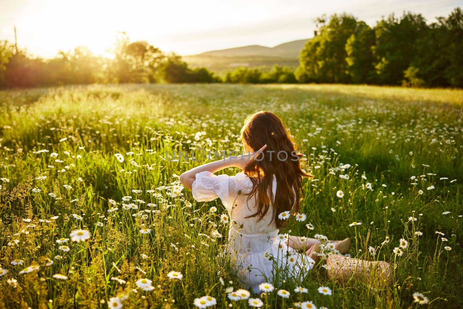 a red-haired woman in a light dress sits in a chamomile field at sunset and admires the passing day by Vichizh