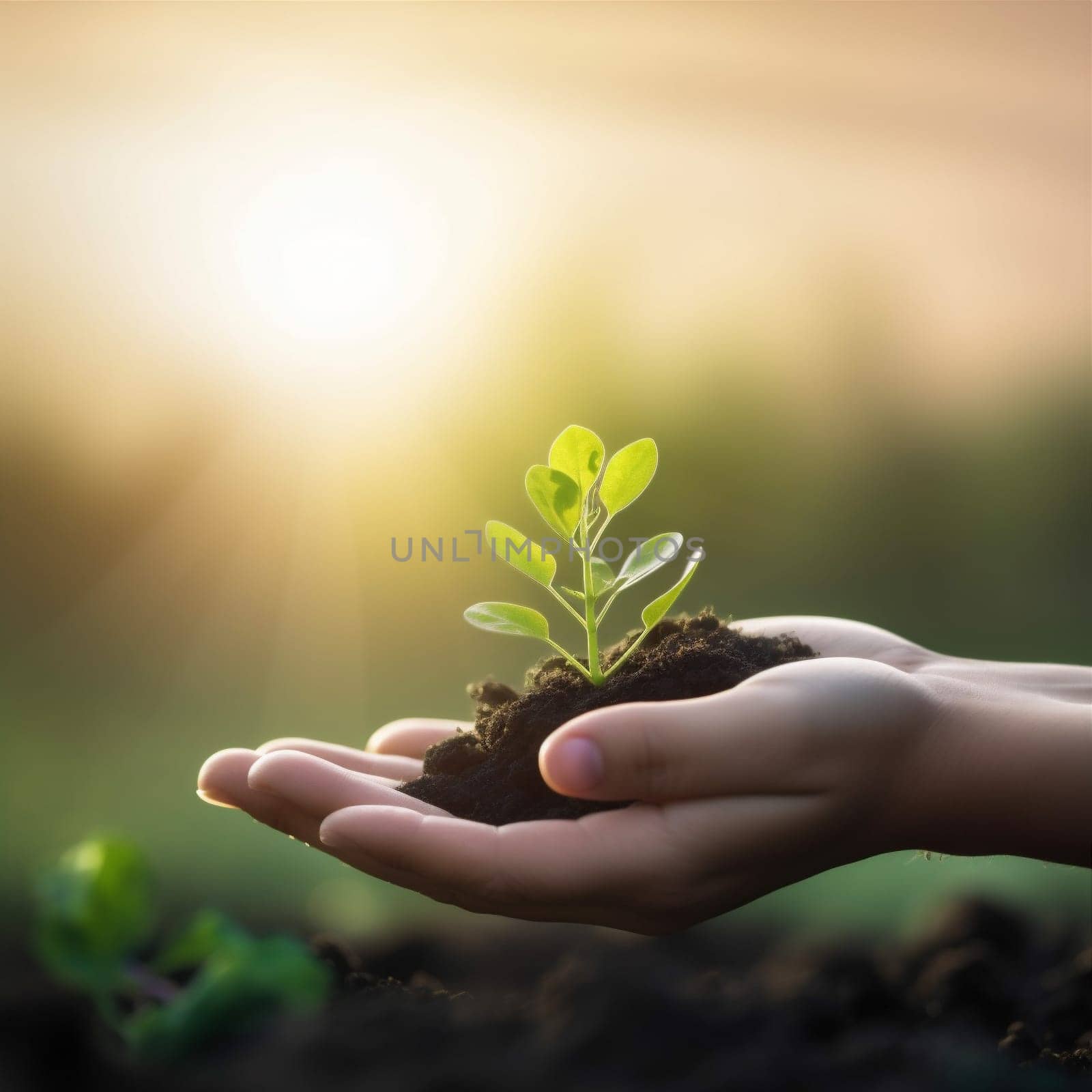 hand ecology spring conservation growth environmental planting nature care earth new green grow dirtied agriculture plant leaf holding life dirt. Generative AI.