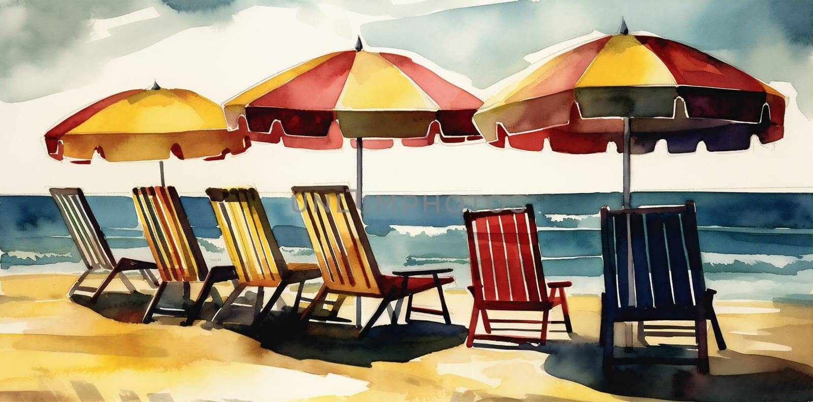 lounge holiday resort paradise sea vacation watercolor tropic rest beach relax summer sand shore caribbean umbrella background hot illustration chair lagoon. Generative AI.