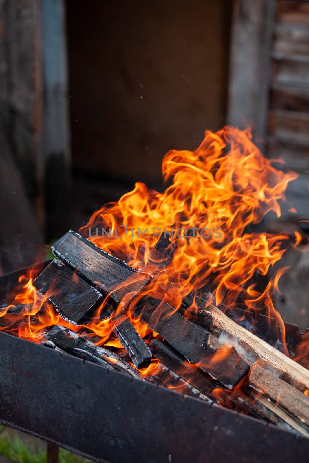 The firewood in the grill burns with a bright orange flame of fire by AnatoliiFoto