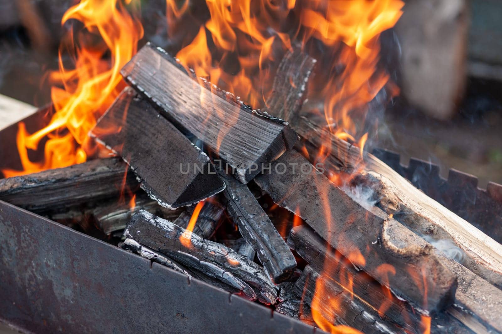 The firewood in the grill burns with a bright orange flame of fire by AnatoliiFoto