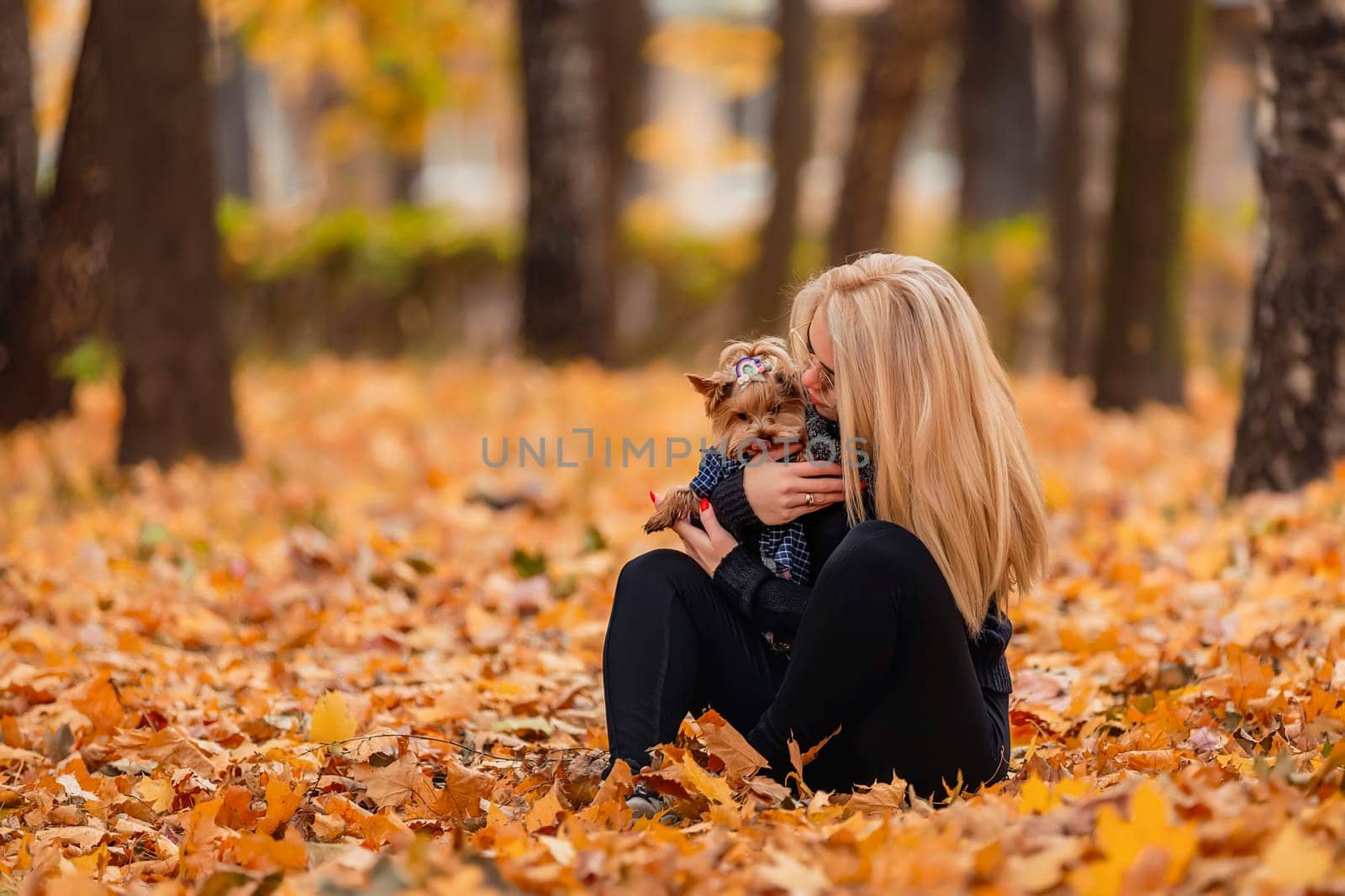 girl with a small dog in autumn park park