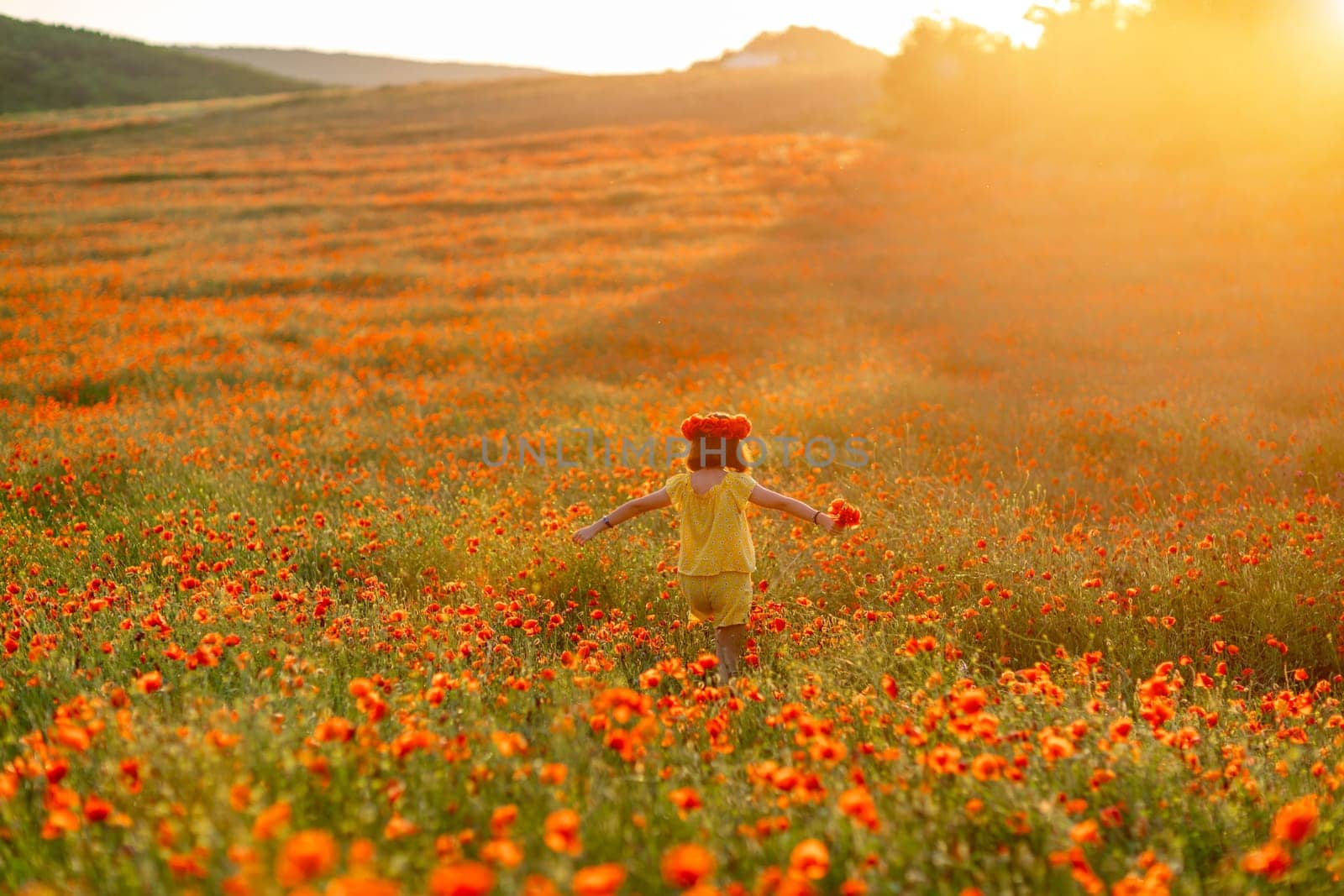 Happy girl poppy field walks under the evening sun. Back view by Matiunina