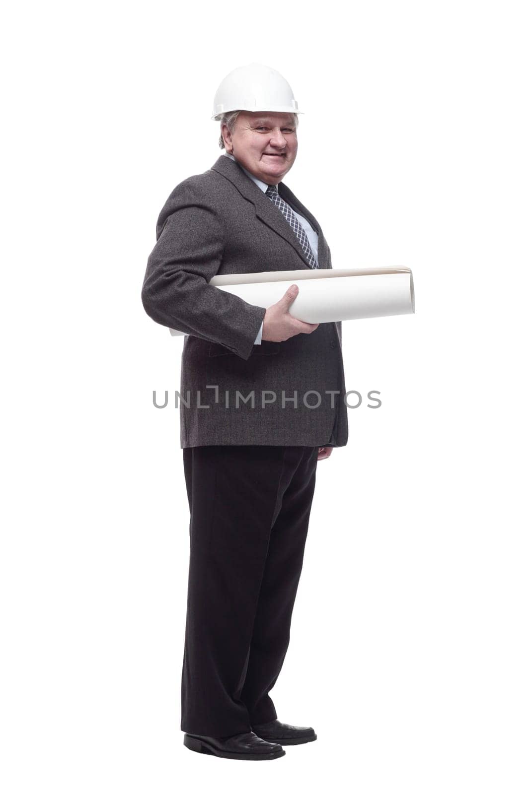 in full growth.business man with drawings for a new project. isolated on a white background.