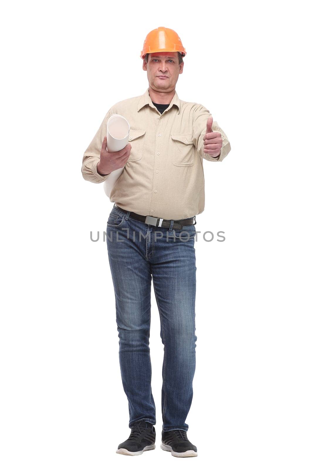 Construction worker holding blueprints and giving thumbs-up against white background