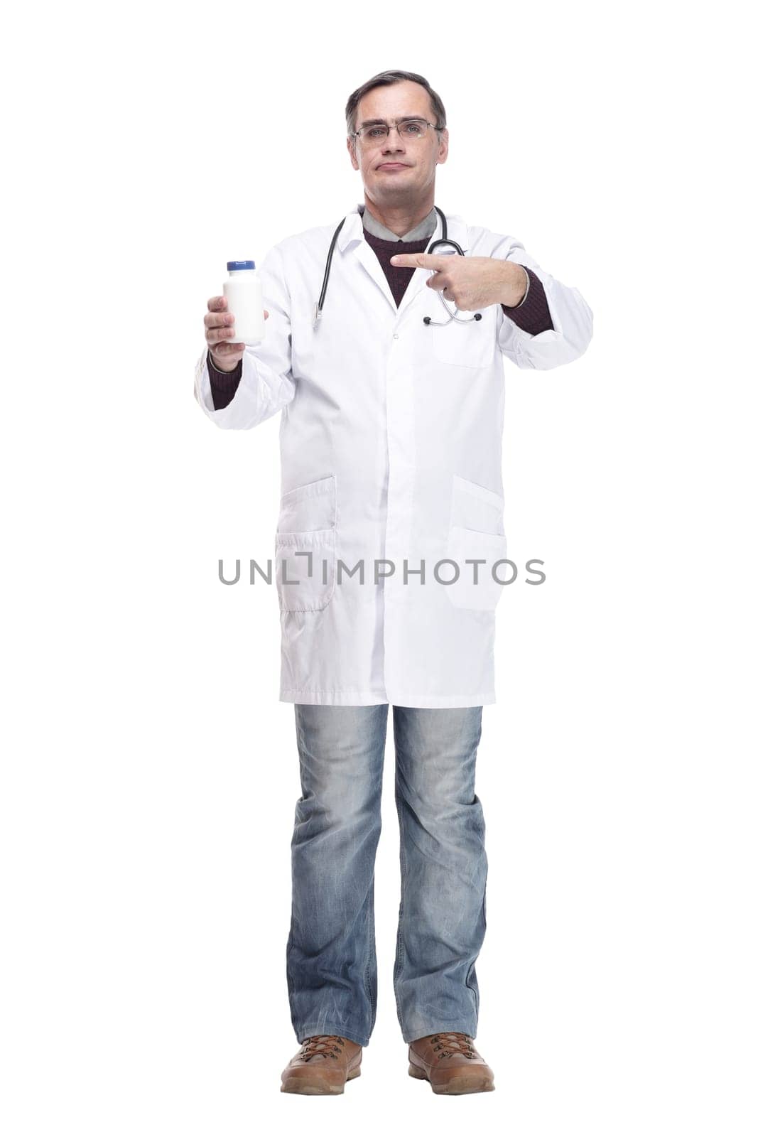 in full growth.qualified doctor with sanitizer in hand. isolated on a white background.