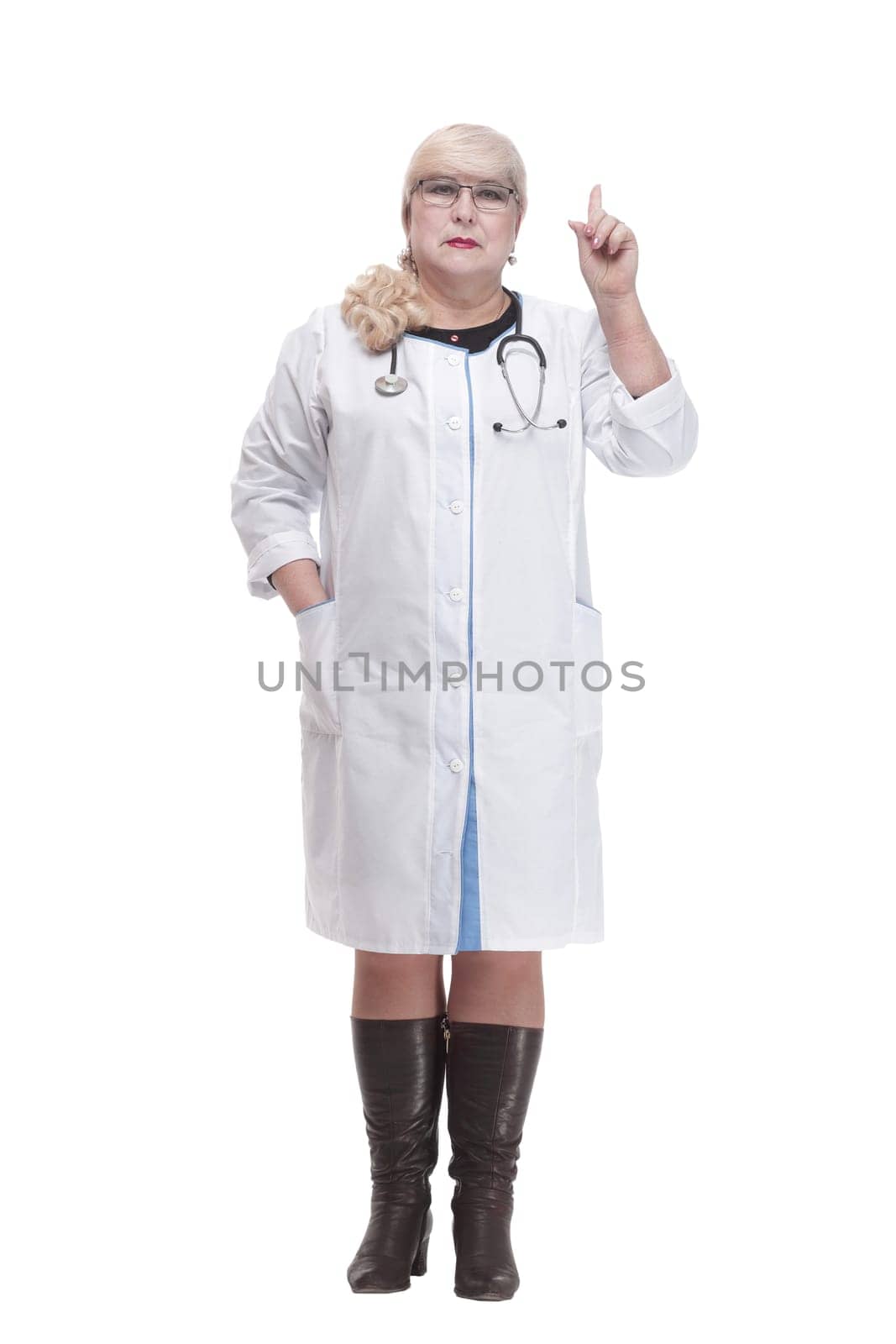 Mature female paramedic with a stethoscope . isolated on a white background.