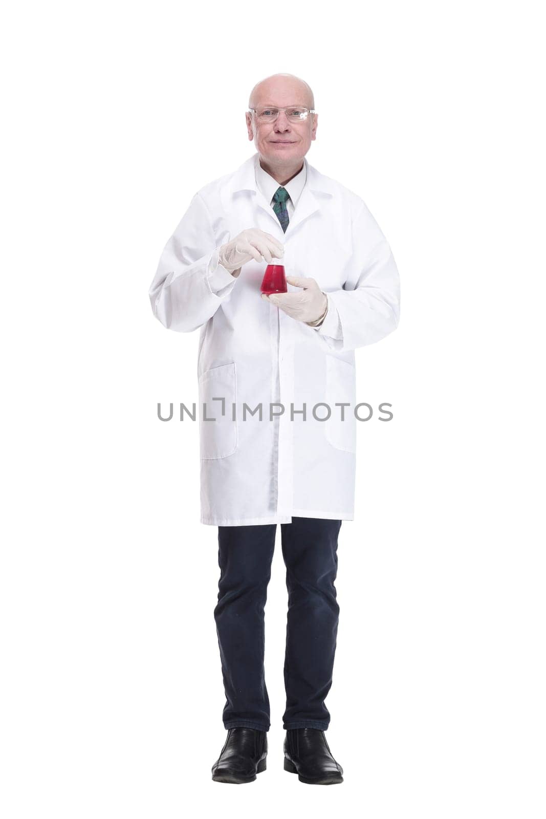 in full growth. medical researcher with a laboratory flask. isolated on a white background.