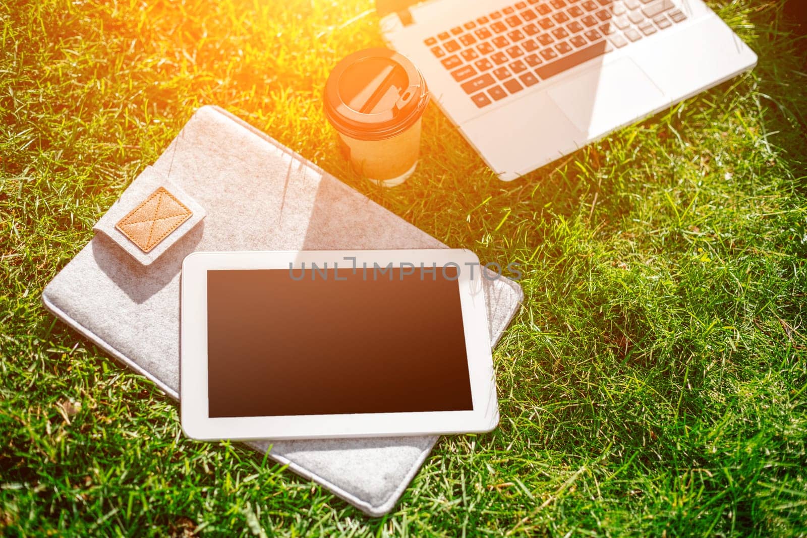 Laptop computer on green grass with coffee cup, bag and tablet in outdoor park. Copy space. Still life. Sun flare
