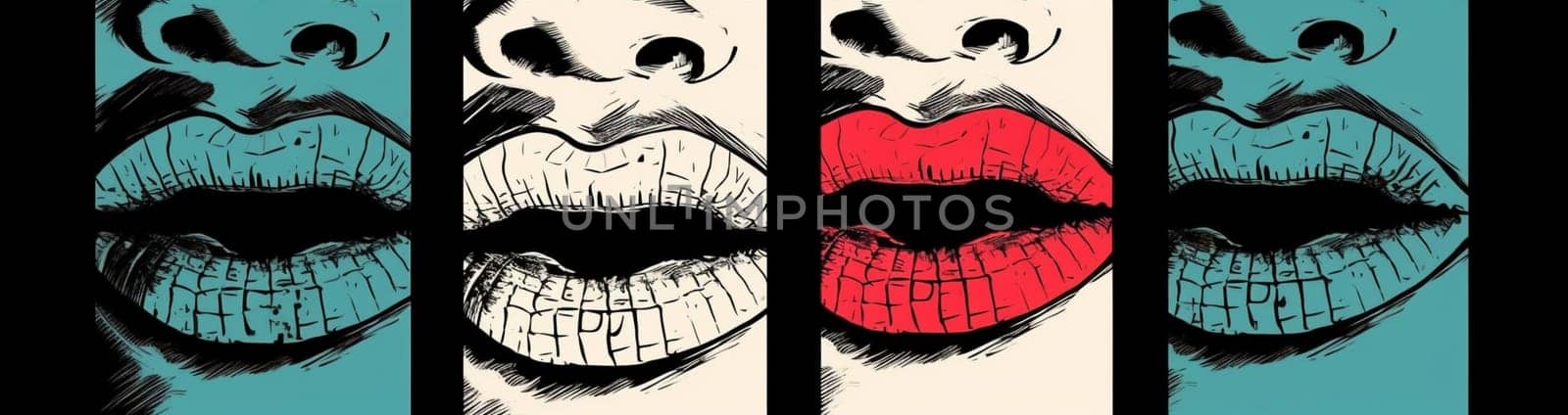 sexy woman illustration design kiss lips poster halftone element closeup red sticker mouth shape female pop collage abstract art lipstick teeth. Generative AI.