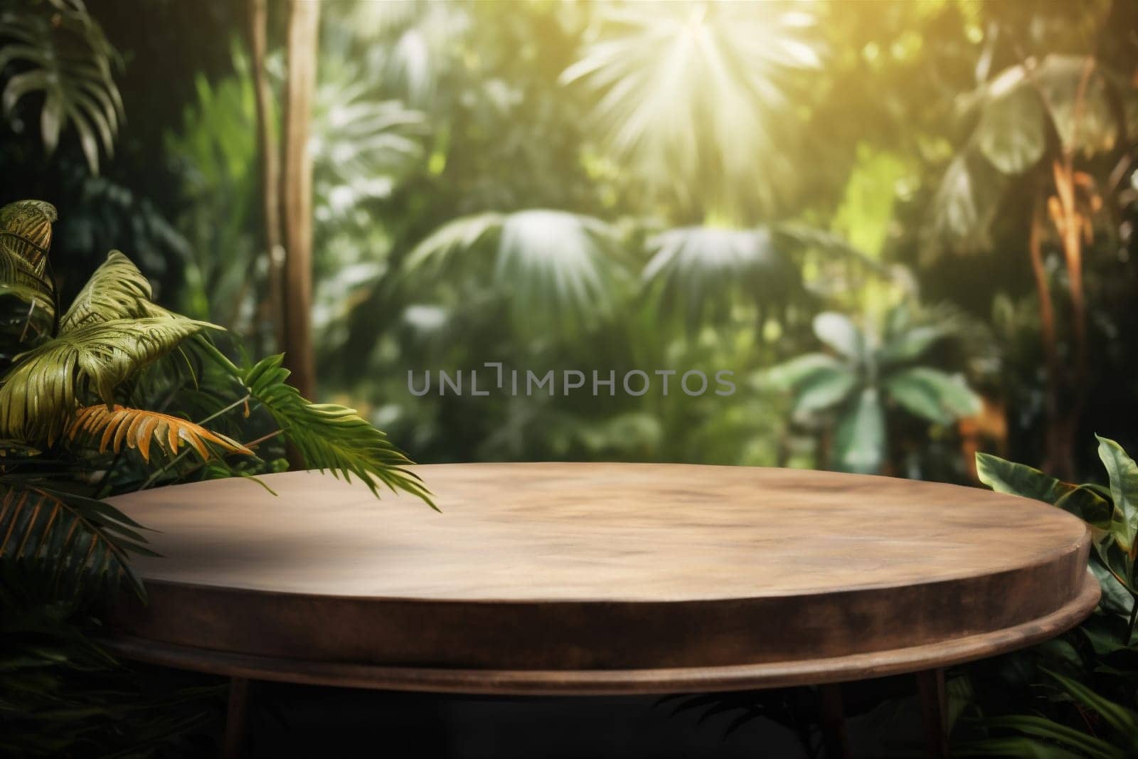 green podium shadow color fresh space blank platform wooden mock product tree design wood up cosmetic leaf palm branch bright illustration. Generative AI.