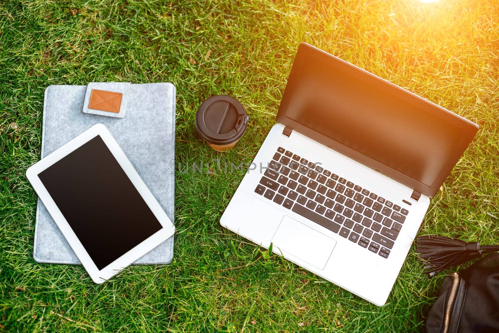 Laptop computer on green grass with coffee cup, bag and tablet in outdoor park by nazarovsergey