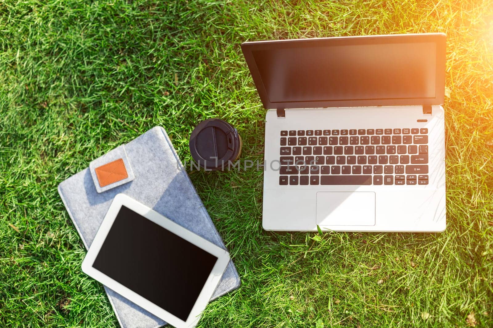 Laptop computer on green grass with coffee cup and tablet in outdoor park by nazarovsergey