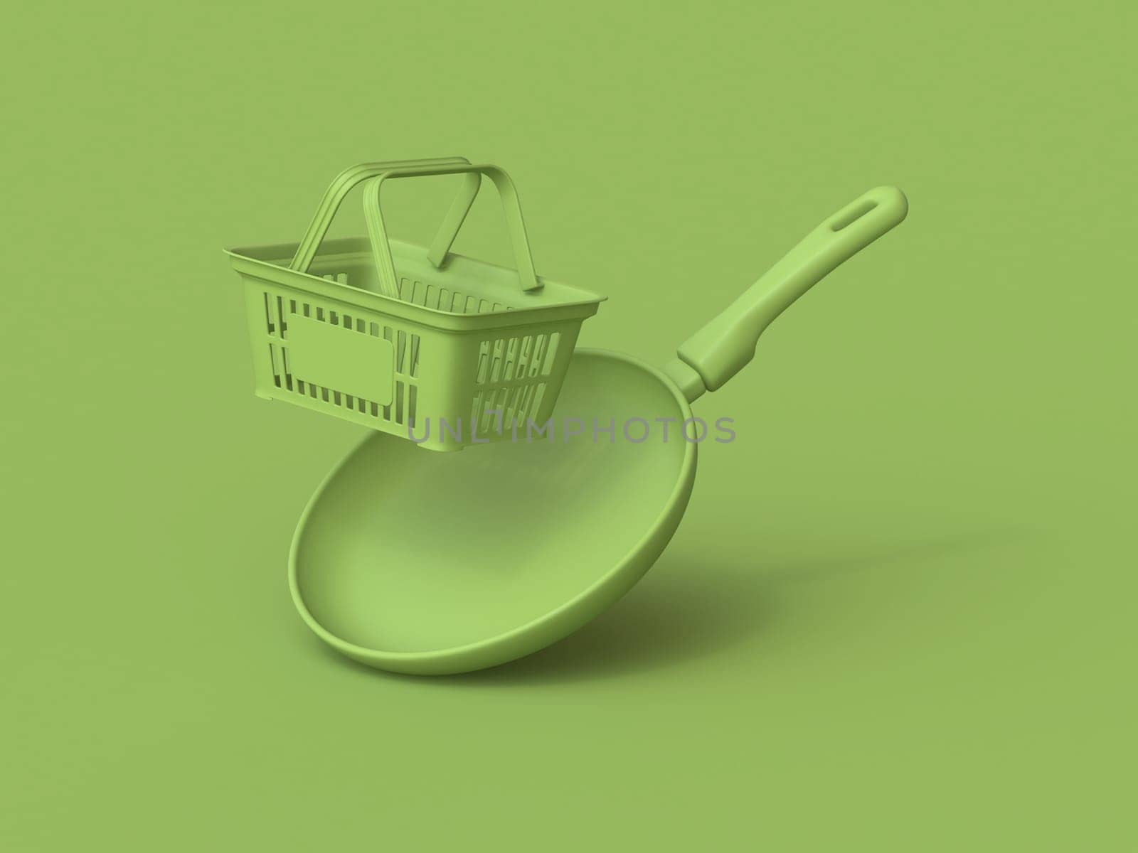Green cooking pan and shopping basket 3D rendering illustration isolated on white background