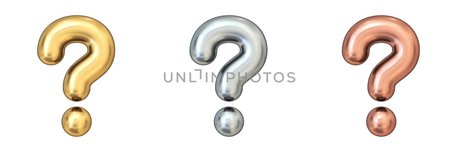 Gold, silver and bronze question marks 3D rendering illustration isolated on white background
