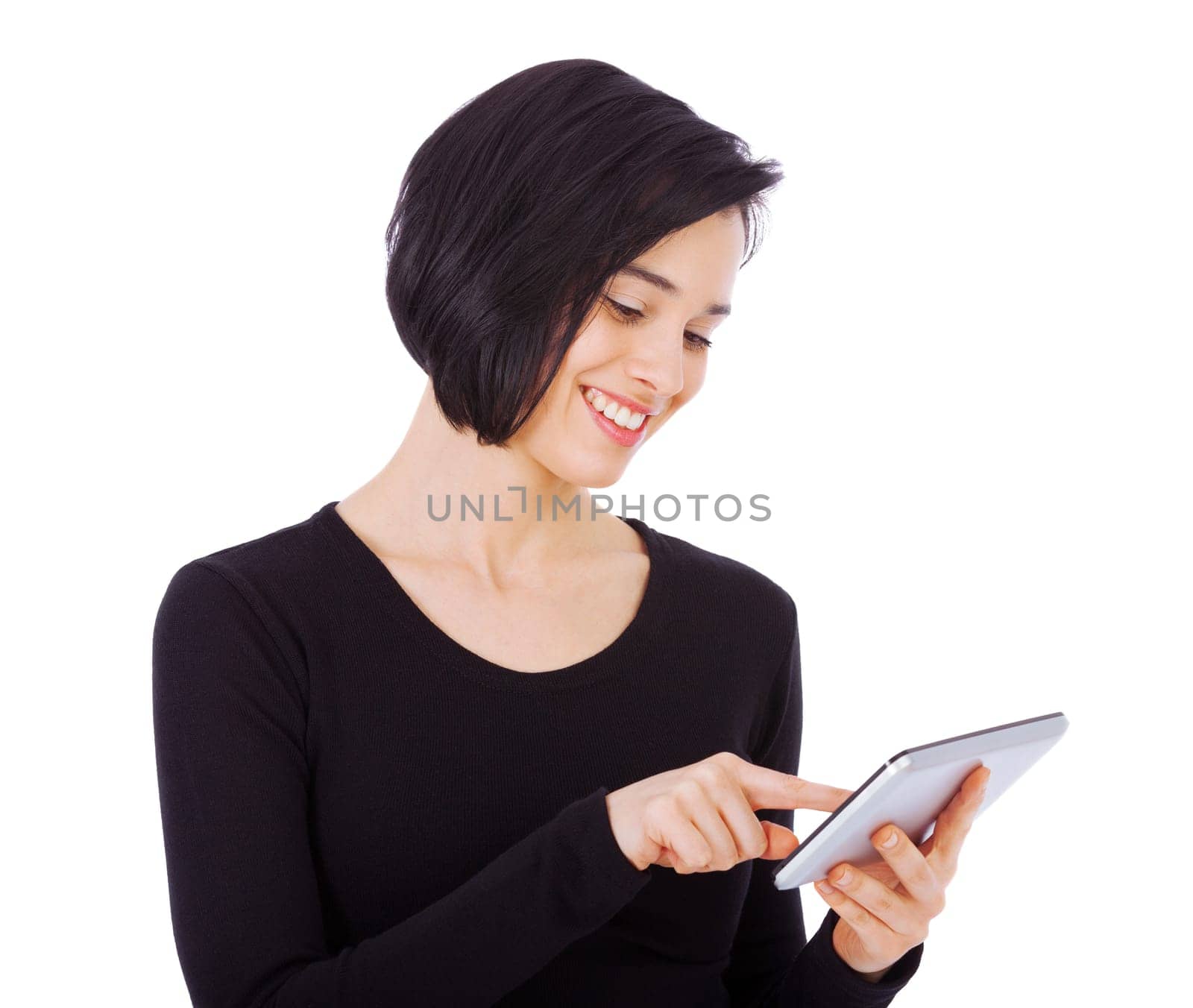 Happy, tablet and woman update social media using internet or online isolated in a studio white background with a smile. Excited, connection and female person typing email or search a website or web by YuriArcurs