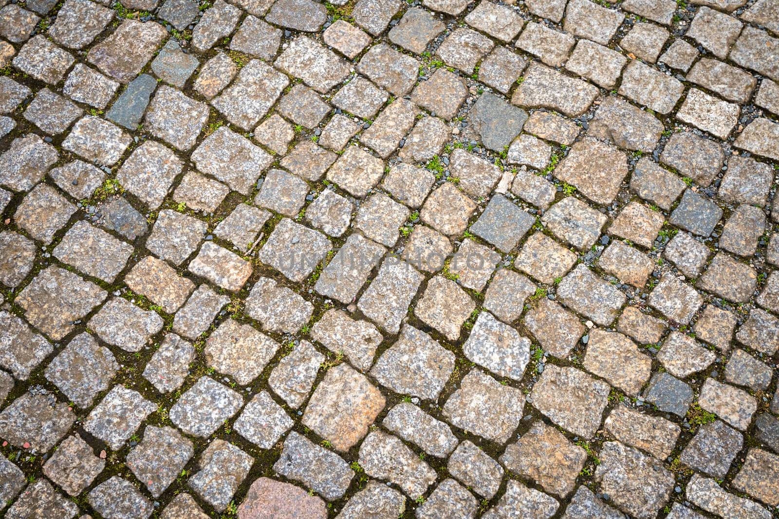 The road is paved with decorative stone. The old road of granite paving stones.