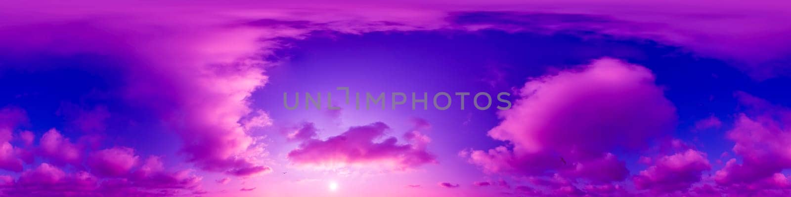 Blue sky panorama with magenta Cirrus clouds in Seamless spherical equirectangular format. Climate and weather change. by Matiunina