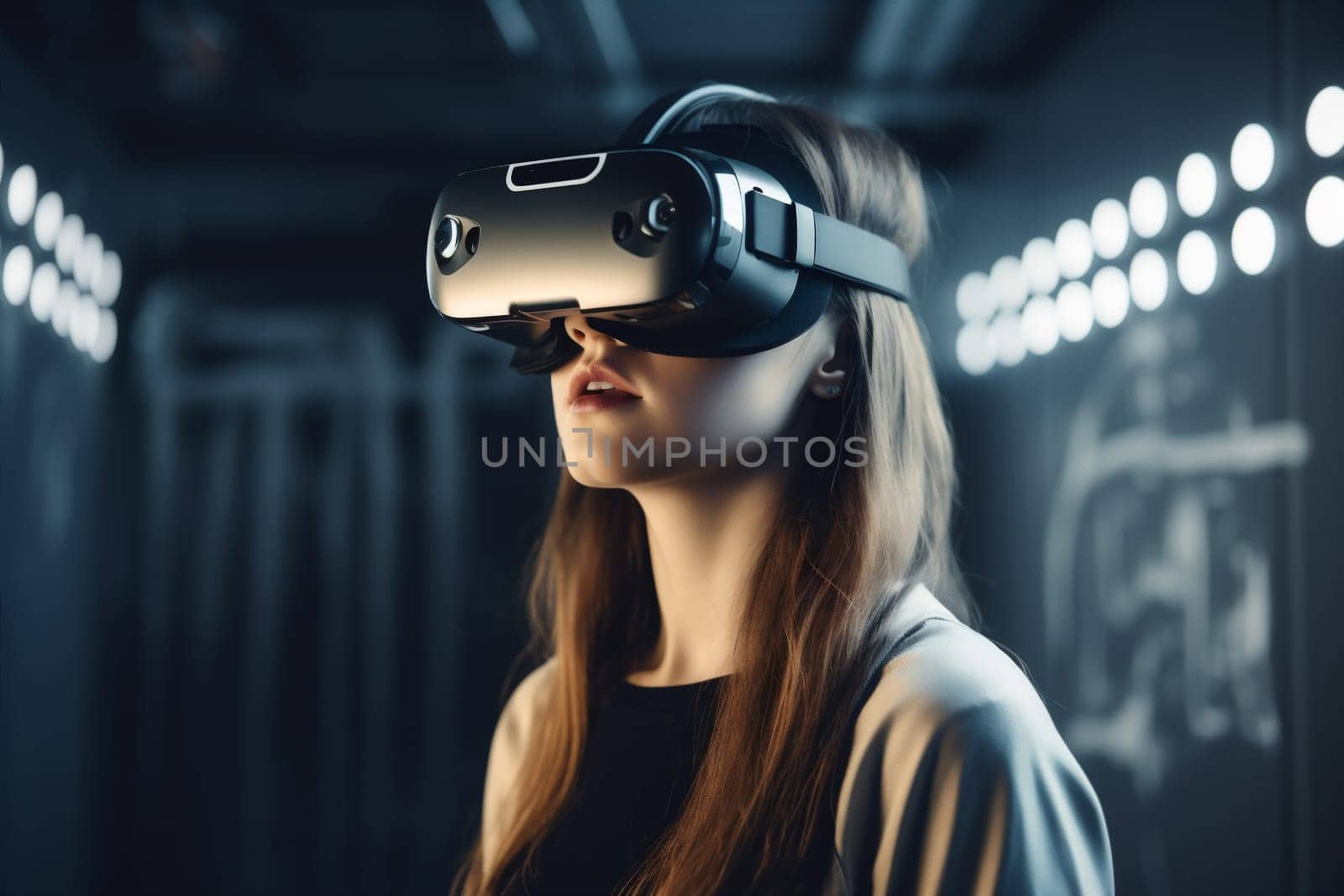 technology woman interface line helmet neon tech digital information concept modern goggles future glasses communication headset entertainment business vr virtual electronic. Generative AI.