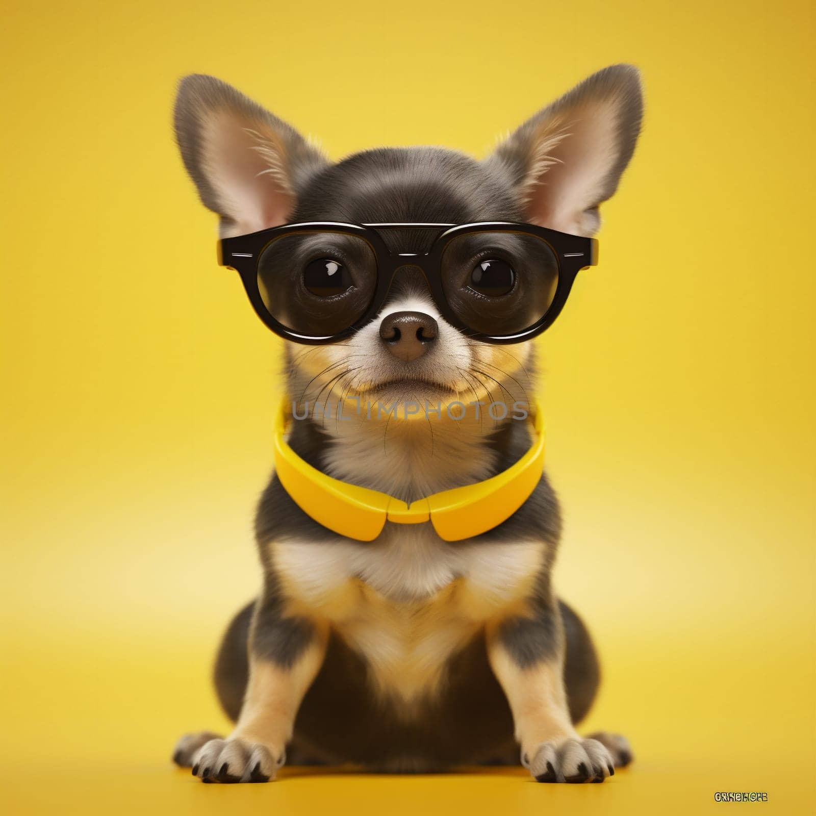 looking dog yellow portrait animal chihuahua puppy pet canino mammal happy background funny white young cool eyeglass goggles glasses cute collar. Generative AI.
